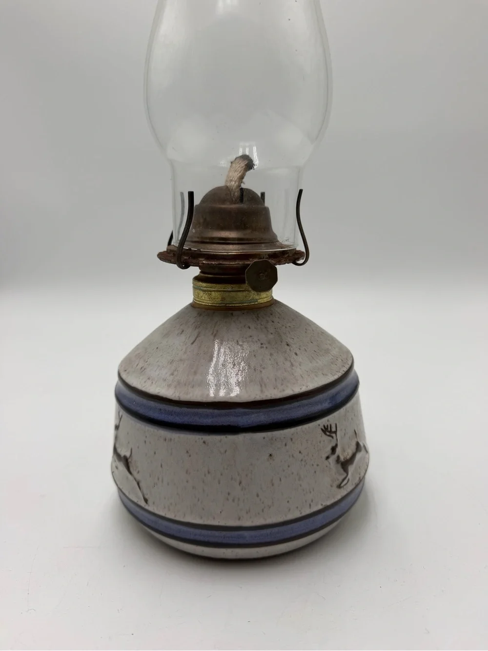 Vintage Onion River Pottery Vermont Oil Lamp Deer Stoneware Cabincore Lodges